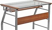 Flash Furniture Tremont Glass Computer Desk with Pull-Out Keyboard Tray and Bowed Front Frame, Clear/Silver, Set of 1
