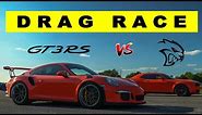 Porsche 911 GT3 RS vs Dodge Challenger Hellcat Widebody. Drag and Roll Race.