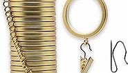 Luxury Curtain Rings – Premium Metal with Quiet, Smooth Nylon Inserts – Pinhooks and Clips Included – 1 1/2" Inside Diameter – 18 Rings for Two Standard Curtains – Brushed Gold