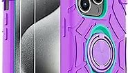 Compatible with iPhone 15 Pro case with[2×Screen Protectors][Ring Stand] Tough RuggedHeavy Duty Phone case 6.1 inch (Purple+Mint)