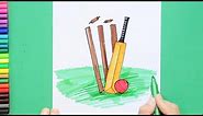 How to draw cricket bat, ball, stumps