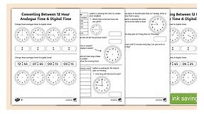 Converting Between 12 Hour Analogue Time & Digital Time Worksheet