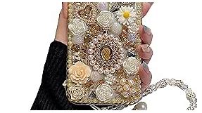 iFiLOVE for iPhone 13 Pro Max Bling Diamond Case with Flower Strap, 3D Luxury Sparkle Glitter Crystal Rhinestone Pearl Love Rose Wristband Bracelet Case Cover for Girls Women Kids (Champagne)