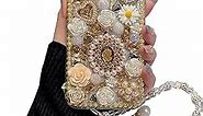 iFiLOVE for iPhone 13 Pro Max Bling Diamond Case with Flower Strap, 3D Luxury Sparkle Glitter Crystal Rhinestone Pearl Love Rose Wristband Bracelet Case Cover for Girls Women Kids (Champagne)