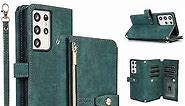 UEEBAI Case for Samsung Galaxy S21 Ultra 5G, 9 Card Slots Retro Leather Wallet Shockproof Flip Cover with Hand Strap Card Slots Zipper Pocket Kickstand Handbag Magnetic Closure - Retro Green