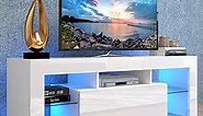 Modern TV Stands with Storage & Big Drawer, 51 Inch Flat Screen TV Stand Cabinet w/Remote Control 16 Colors LED Light Entertainment Center Media Console for Living Room Bedroom Furniture Shelf, White