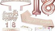 8pcs 18th birthday decorations for girls, Including 18th Happy Birthday Cake Toppers, Birthday Queen Sash with Pearl Pin, Sweet Rhinestone Tiara Crown, Number Candles and Balloons Set, Rose Gold