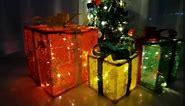 Lighted Christmas Boxes, Set of 3 Christmas Lighted Gift Boxes, 60 LED Present Box Decorations, Indoor Outdoor Decorations with Ribbon Bows