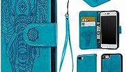 Compatible with iPhone 7 Wallet Case, Case Embossed Love PU Leather Case Full Protective Anti-Scratch Resistant Cover Magnetic Case Slot Wrist Strap Case for iPhone 7 & iPhone 8 (Elephant-Blue)