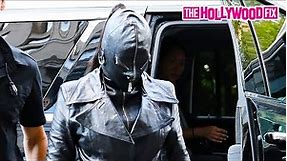 Kim Kardashian Wears A Solid Black Leather Face Mask While Arriving To The Ritz Carlton Hotel In NY