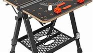 Folding Work Table, 2-in-1 as Sawhorse & Workbench, 1000 lbs Capacity, 7 Adjustable Heights, Steel Legs, Portable Foldable Tool Stand with Wood Clamp, 4 Bench Dogs, 2 Hooks, Easy Garage Storage