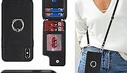 for iPhone XR Case with Card Holder and Strap for Women,Crossbody Lanyard,Stand Ring Kickstand,RFID Blocking,Phone Wallet Cases 6.1 inch(Black)
