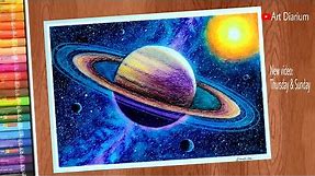 Space Art with Oil pastels | Saturn Drawing Step by step - for Beginners