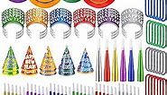 Syhood 180 Pcs 2024 New Years Eve Party Supplies Colorful Party Favor Kits Includes Cone Hats Noise Maker Horns Leis Headband Blowers Celebration for Happy New Year Accessories Decoration Gift