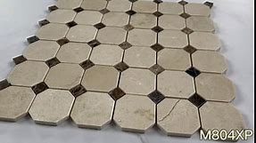 Stone Center Online Crema Marfil Marble 2 inch Octagon Mosaic Tile w/Emperador Dark Brown Dots Polished Kitchen Bath Wall Floor Backsplash Shower (1 Sheet)