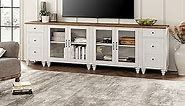 WAMPAT Large TV Stand for 100 Inch TV, LED TV Console Table for 85 90 95 Inch TV, Entertainment Center with Charging Station&Glass Door, Kitchen Sideboard Buffet Cabinet for Dining Room, Off White