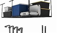 FLEXIMOUNTS 4x8 Overhead Metal Garage Storage Rack w/Hooks Adjustable Ceiling Storage Rack, 96" Length x 48" Width x 40" Height, 22''-40" Ceiling Dropdown, Black