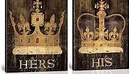 Wall HDQ King and Queen Wall Art Crown Wall Decor Hers and His Majesty's Canvas Pictures Vintage Romantic Gold Painting for Bedroom Living Room Bathroom Game Room Couples Gifts (12" W x 16" H x 2)