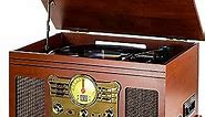 3-Speed Bluetooth Turntable with Stereo Speakers, CD/Cassette Player, FM Radio and Wireless Music Streaming - Mahogany