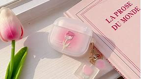 PHOEACC Cute Airpod Gen 3 Case (NOT Fit Airpod Pro) Romantic Rose Flower with Keychain Clear Frosted Protective Cover Compatible with AirPods 3rd Generation Case for Girls Women (Rose Pink)