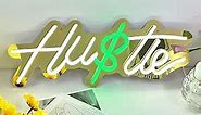 Hustle Neon Signs with Dimmer for Wall Decor, Neon Hustle Signs by 5V USB Power, Gold Led Hustle Neon Sign for Bedroom Office,Shop Size 17x7Inches, White&Green by Colysor CL-003