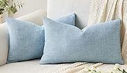 MIULEE Pack of 2 Decorative Throw Pillow Covers Linen Burlap Square Solid Farmhouse Modern Concise Spring Throw Cushion Case Pillowcase for Sofa Car Couch 12x20 Inch 30x50 cm Light Blue