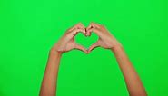 Love, heart and hand sign on green screen for support, shape emoji or charity