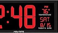 AcuRite Large Digital LED Oversized Wall Clock with Date and Temperature, Perfect for Home or Office (75127M), 14.5-Inch, Red