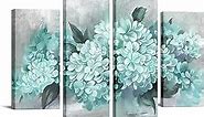 RyounoArt 4 Piece Teal Flower Canvas Wall Art Aqua Blue Hydrangea Painting Pictures Elegant Floral Prints Artwork for Living Room Bedroom Wall Decor Framed Ready to Hang