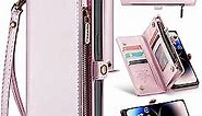 ASAPDOS iPhone 14 Pro Case Wallet,Retro Suede PU Leather Strap and Crossbody Wristlet Flip Case with Magnetic Closure,[RFID Blocking] Card Holder and Kickstand for Men Women(Rose Gold)