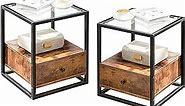 SICOTAS Nightstand Set of 2 - Tempered Glass Top with Drawer - Modern Glass Night Stand with Drawer and Storage Shelf, Industrial End Table Side Table, Bedside Table with Metal Frame for Living Room