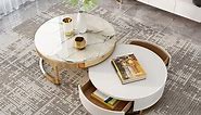 Nesnesis Modern Round Sintered Stone Nesting Wood Coffee Table with Drawers in White | Homary