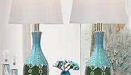 QiMH Blue Ceramic Table Lamp for Living Room Set of 2, Mid Century Modern Teal Green Vase-Shaped Lamps for Bedroom Decor, Touch Control Bedside Lamp for Nightstand with Dual USB Ports