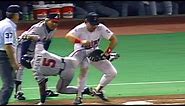 1991 WS Gm2: Hrbek lifts Gant off the bag for the out