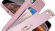 LAMEEKU iPhone Xs Wallet Case, iPhone X Card Holder Case with Finger Kickstand Ring Holder Leather Card Slot Money Pocket 360°Rotation Metal Ring Grip Stand, Cover for iPhone Xs/X 5.8''-Rose Gold