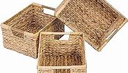 Large Wicker Basket Rectangular with Wooden Handles for Shelves, Water Hyacinth Basket Storage, Natural Baskets for Organizing, Wicker Baskets for Storage 14.5 x 10.3 x 7.5 inches - 3 Pack