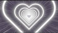 Neon tunnel of white hearts on a pale blue striped background. Video Loop