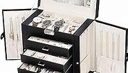 Kendal Large Black Leather Jewelry Box with Lock and Key, 5-Layer Watch Jewelry Organizer for Men Women with Mirror, Jewelry Storage Case, Bracelets Necklace Holder