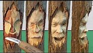 How to EASILY CARVE a funny WOODSPIRIT face sculpture in green wooden stick step by step tutorial