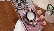 Magnetic Kickstand {Glitter Lens Protector } Case for IPhone 15 14 13 12 Pro Max {Compatible with Magsafe } {Sparkling Diamond } Cover Glitter Shiny Rhinestone Cases (Pink,for iphone 12 Pro Max)