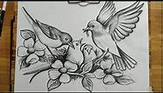 HOW TO DRAW BIRD FAMILY,BIRD AND FLOWERS DRAWING WITH PENCIL SKETCH,BIRD & NEST DRAWING,BIRD DRAWING