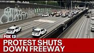 Protesters blocks all lanes of I-5 north in downtown Seattle | FOX 13 Seattle