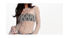 Miss Selfridge beach metallic crochet open back long sleeve mini dress in rose gold | ASOS