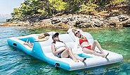GYMAX Inflatable Floating Island, 12ft x 6.5ft 4-6 Person Giant Inflatable Float Raft with Ice Chest & Built-in Cup Holders, Lounge & Wading Combo Electric Air Pump Included