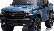 Kidzone 12V Battery Powered Licensed Chevrolet Silverado Trail Boss LT Kids Ride On Truck Car Electric Vehicle Jeep with Remote Control, MP3, LED Lights - Blue