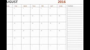 Printable August 2016 calendar with holidays and notes