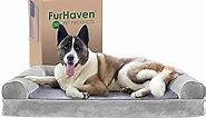Furhaven Cooling Gel Dog Bed for Large Dogs w/ Removable Bolsters & Washable Cover, For Dogs Up to 95 lbs - Faux Fur & Velvet Sofa - Smoke Gray, Jumbo/XL