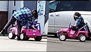 Woman Drives Toy Jeep on Main Roads to the Store