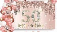 Happy 50th Birthday Banner Backdrop Decorations with Confetti Balloon Garland Arch, Rose Gold 50 Birthday Banner Balloon Set for Women, Pink 50 Year Old Bday Poster Photo Booth Decor