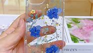 for iPhone 12 Mini/iPhone 13 Mini Case Clear with Real Pressed Flowers Design Glitter Cute Sparkly Blue Violet Dried Floral Pattern Slim Soft TPU Protective Women Girl's Phone Cover